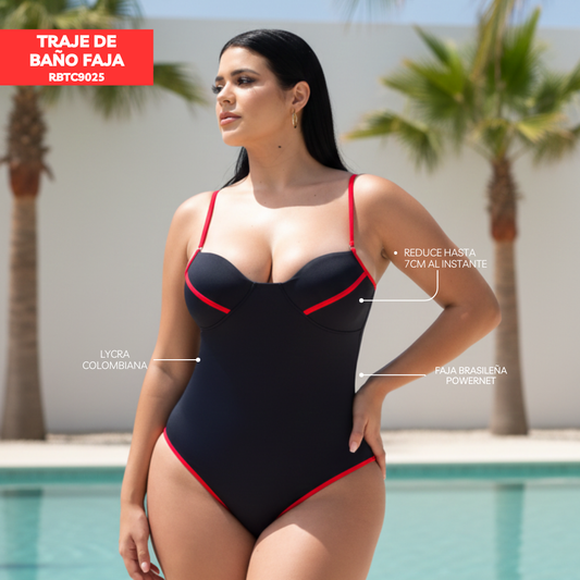 Traje de baño con faja casual NEGRO - ROJ RBTC9025